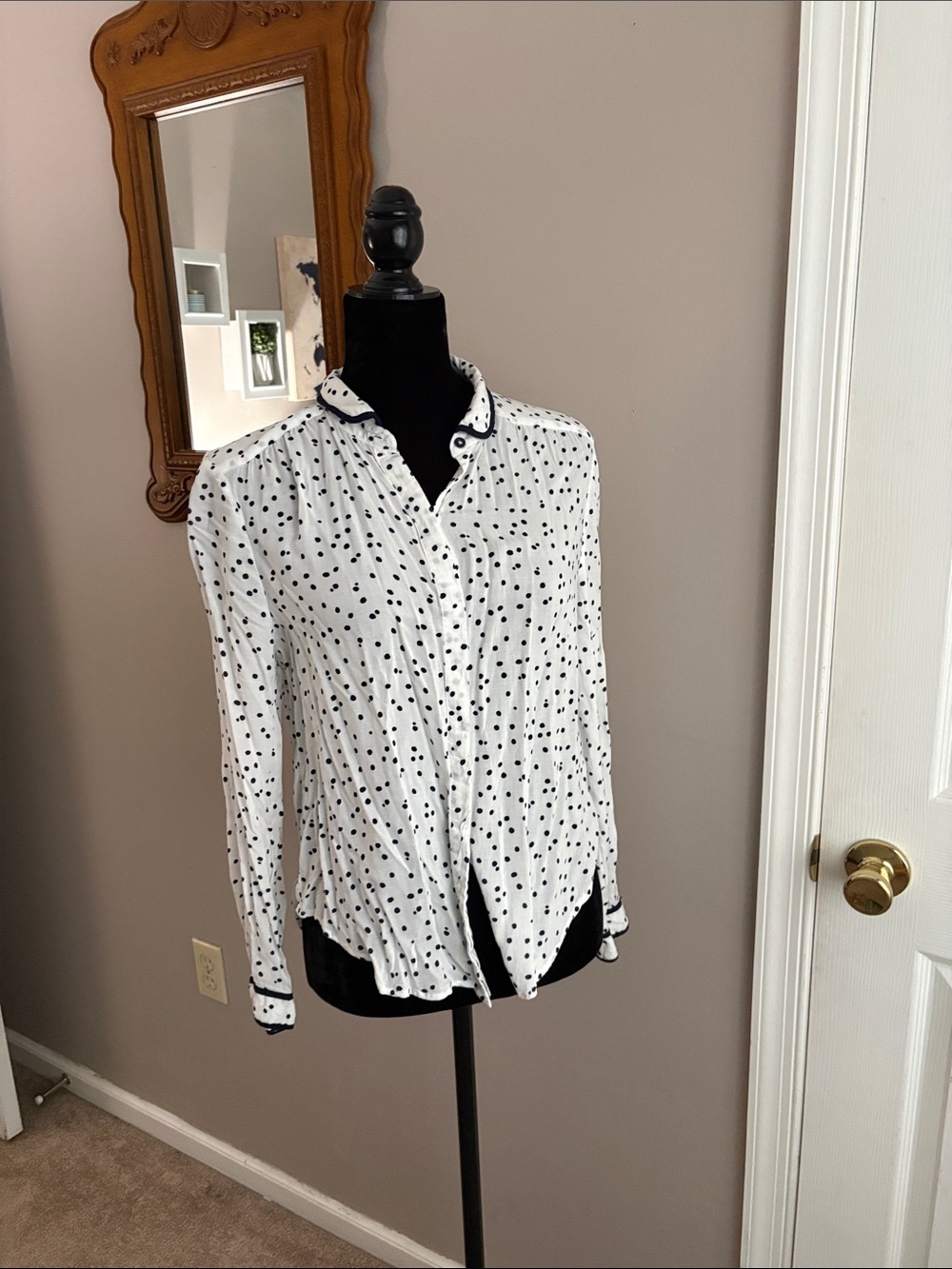 Maeve White Blouse with Navy Polka Dots and Contrast Trim